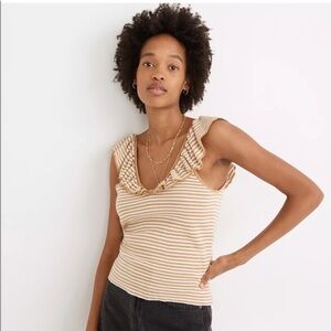 Madewell Belhaven Ruffle Sweater Tank Merino Wool Blend Neutral Stripes Size M
